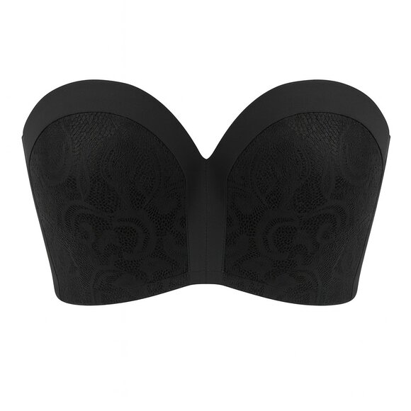 Black Strapless Lace Balconette Bra Structured Push-Up Underwire Top 36E - Picture 1 of 16